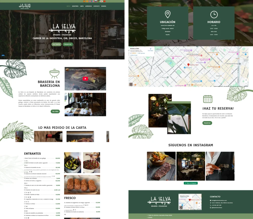 Capturas de pantalla del sitio web restaurante "La Selva" en Barcelona, Cataluña.